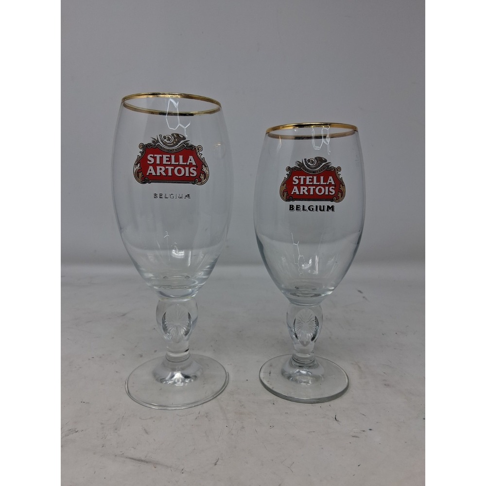 Stella Artois Belgium 40&33 cl  Chalice Beer Glass  Gold Rimmed 8 " & 7.5" Tall